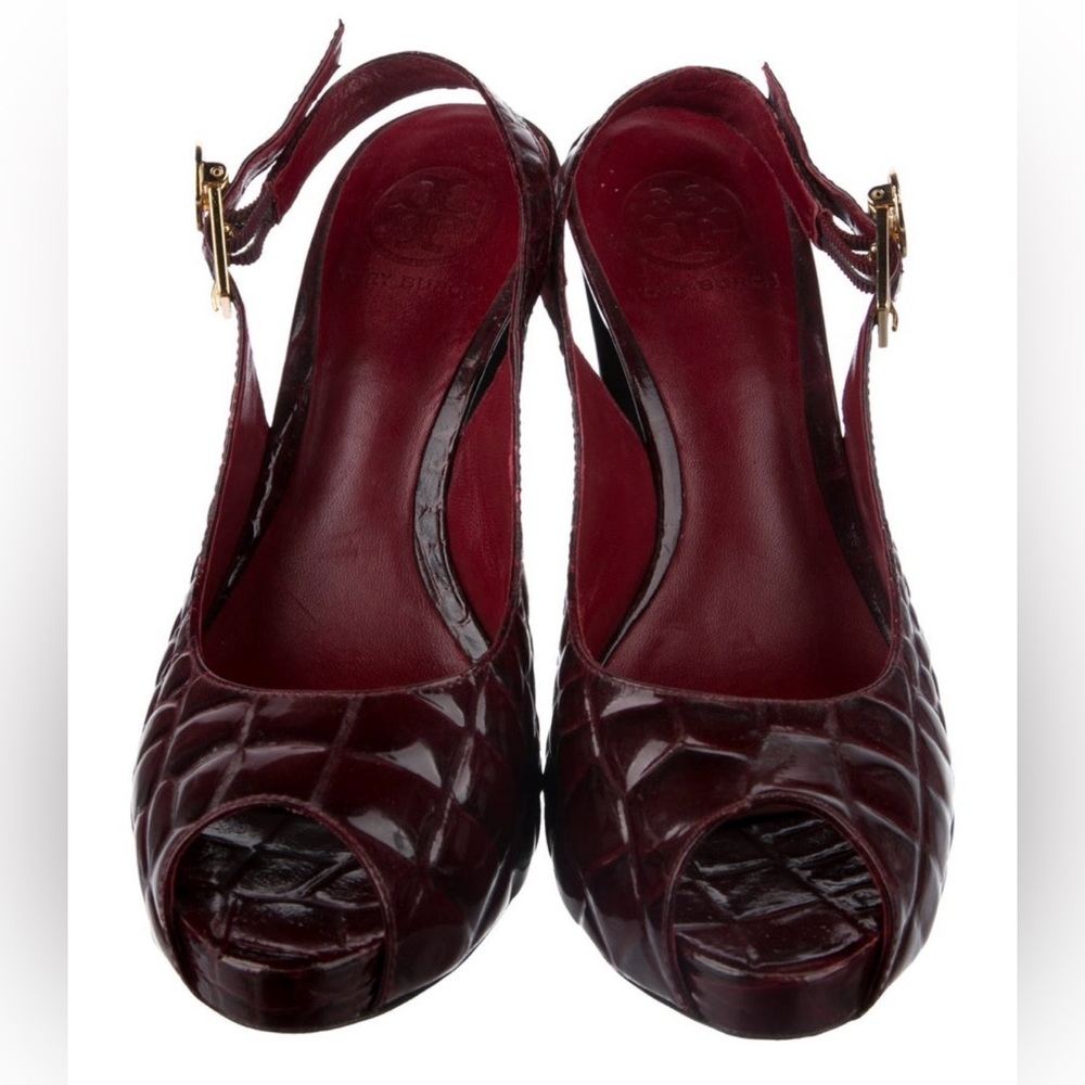 Tory Burch Allison Crocs Burgundy Patent Leather platform pumps. Sz 9.5 - Picture 3 of 9